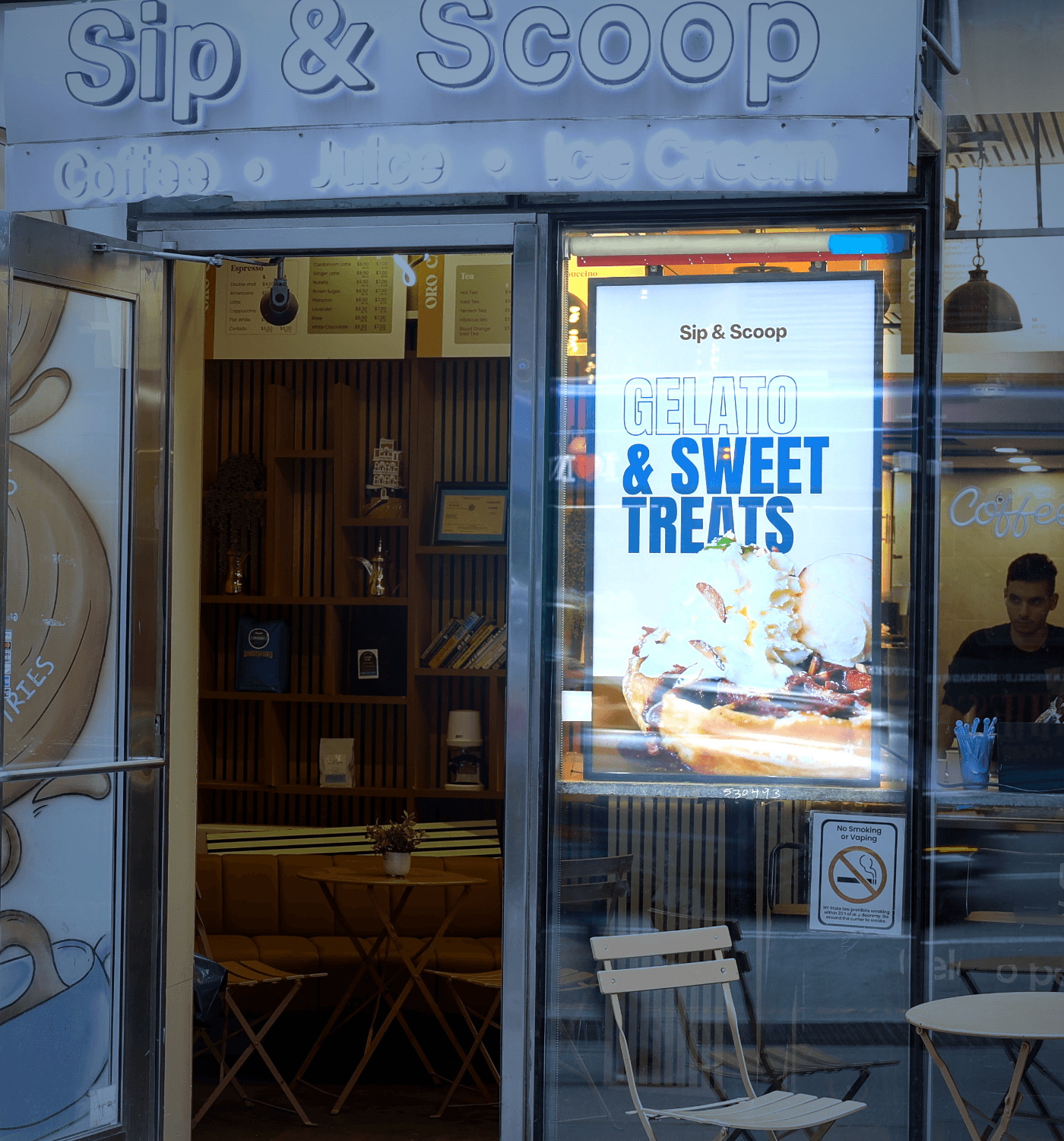 Sip & Scoop café in NYC with a PrimeSight LED screen at eye level