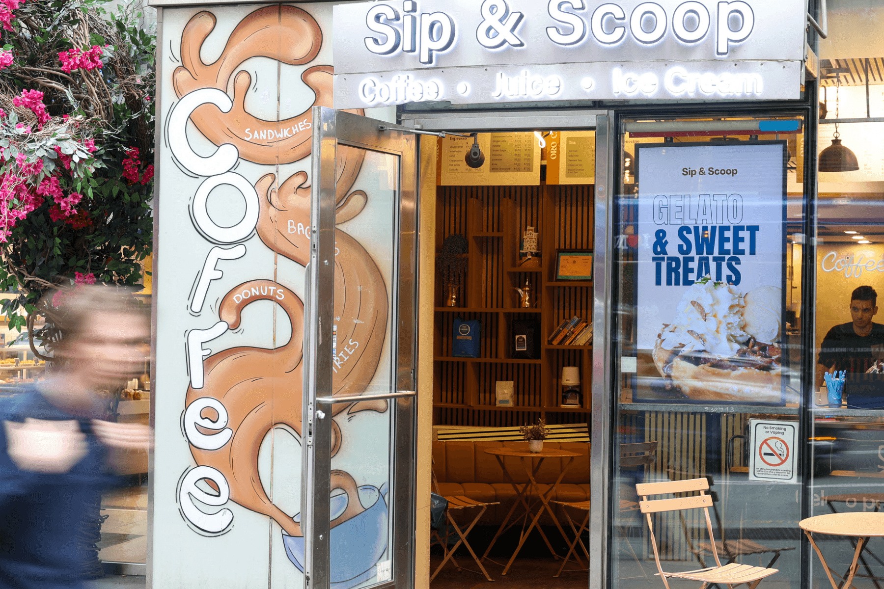 Sip & Scoop storefront with a PrimeSight screen